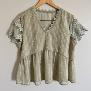 LARGE Sage Green Embroidered Mesh Peplum Blouse